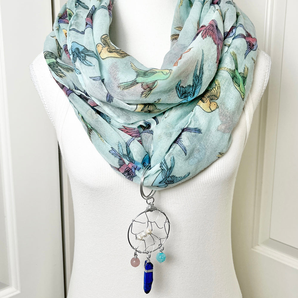 Year-Round Pastel Birds Infinity Scarf with Convertible Gemstone Dreamcatcher Necklace Set
