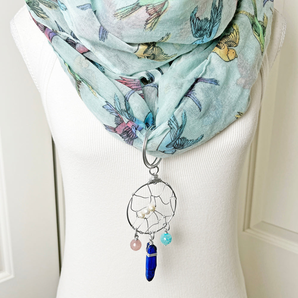 Year-Round Pastel Birds Infinity Scarf with Convertible Gemstone Dreamcatcher Necklace Set