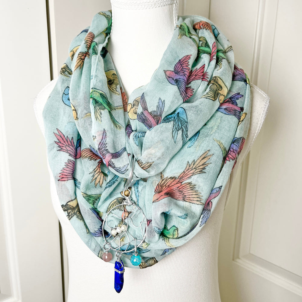 Year-Round Pastel Birds Infinity Scarf with Convertible Gemstone Dreamcatcher Necklace Set