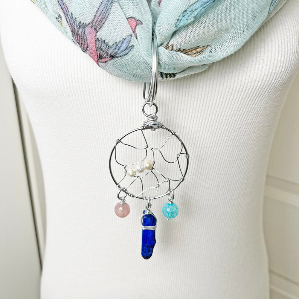 Year-Round Pastel Birds Infinity Scarf with Convertible Gemstone Dreamcatcher Necklace Set