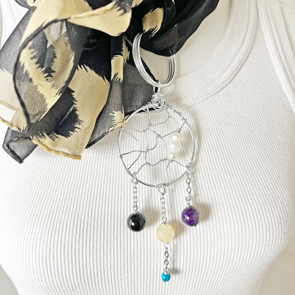 Urban Edge: Sheer Animal Print Scarf with Convertible Gemstone Dreamcatcher Necklace Set