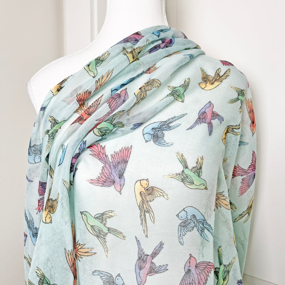 Year-Round Pastel Birds Infinity Scarf with Convertible Gemstone Dreamcatcher Necklace Set