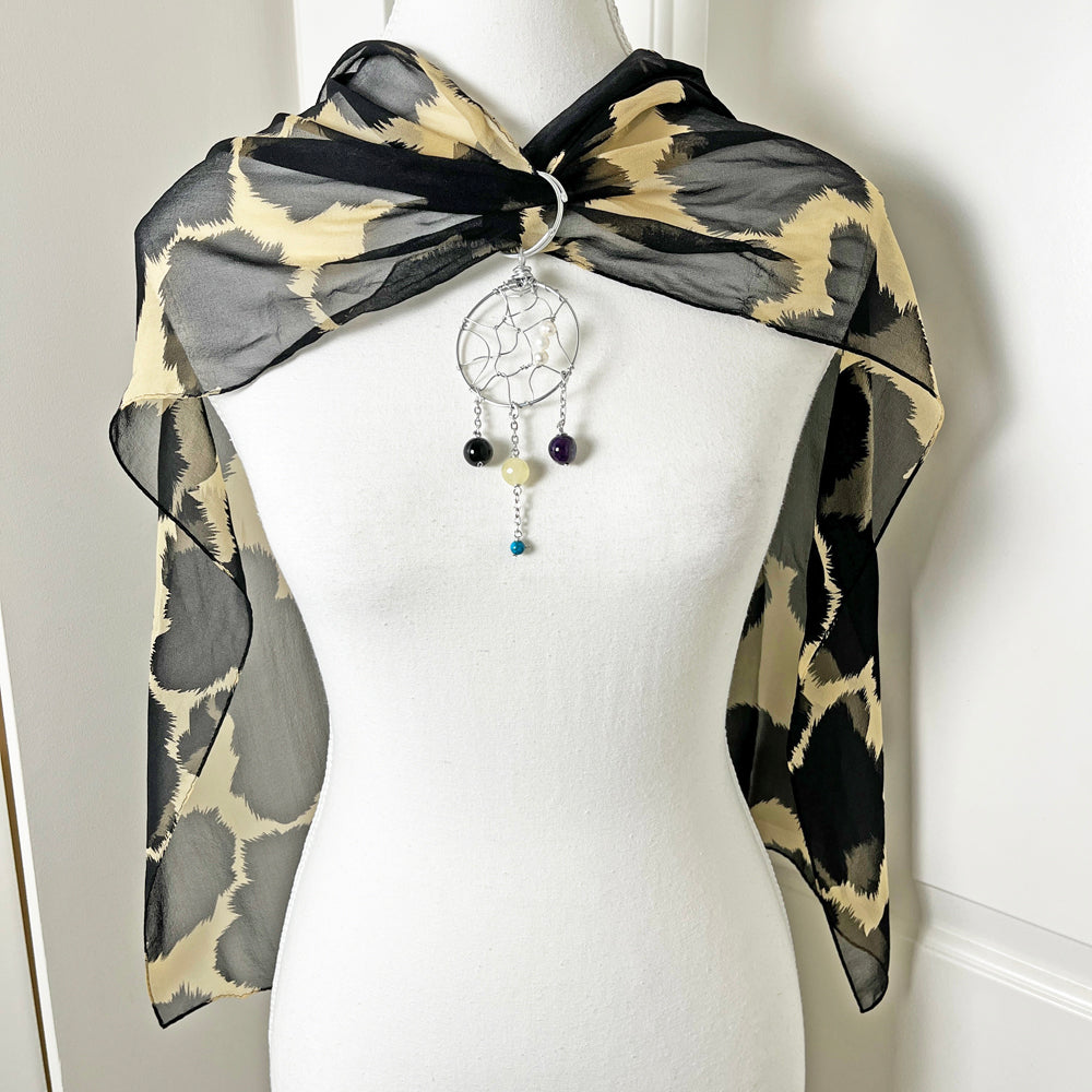 Urban Edge: Sheer Animal Print Scarf with Convertible Gemstone Dreamcatcher Necklace Set