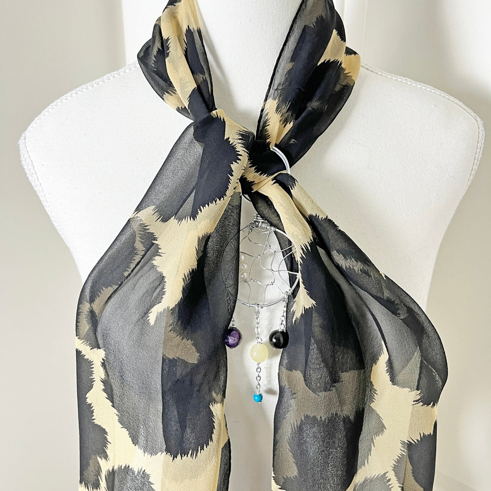 Urban Edge: Sheer Animal Print Scarf with Convertible Gemstone Dreamcatcher Necklace Set