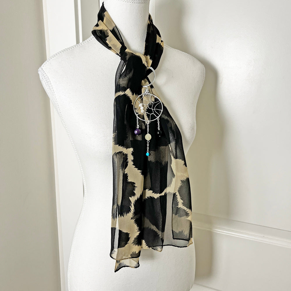 Urban Edge: Sheer Animal Print Scarf with Convertible Gemstone Dreamcatcher Necklace Set