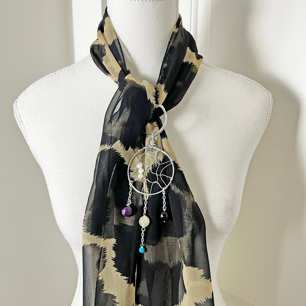 Urban Edge: Sheer Animal Print Scarf with Convertible Gemstone Dreamcatcher Necklace Set