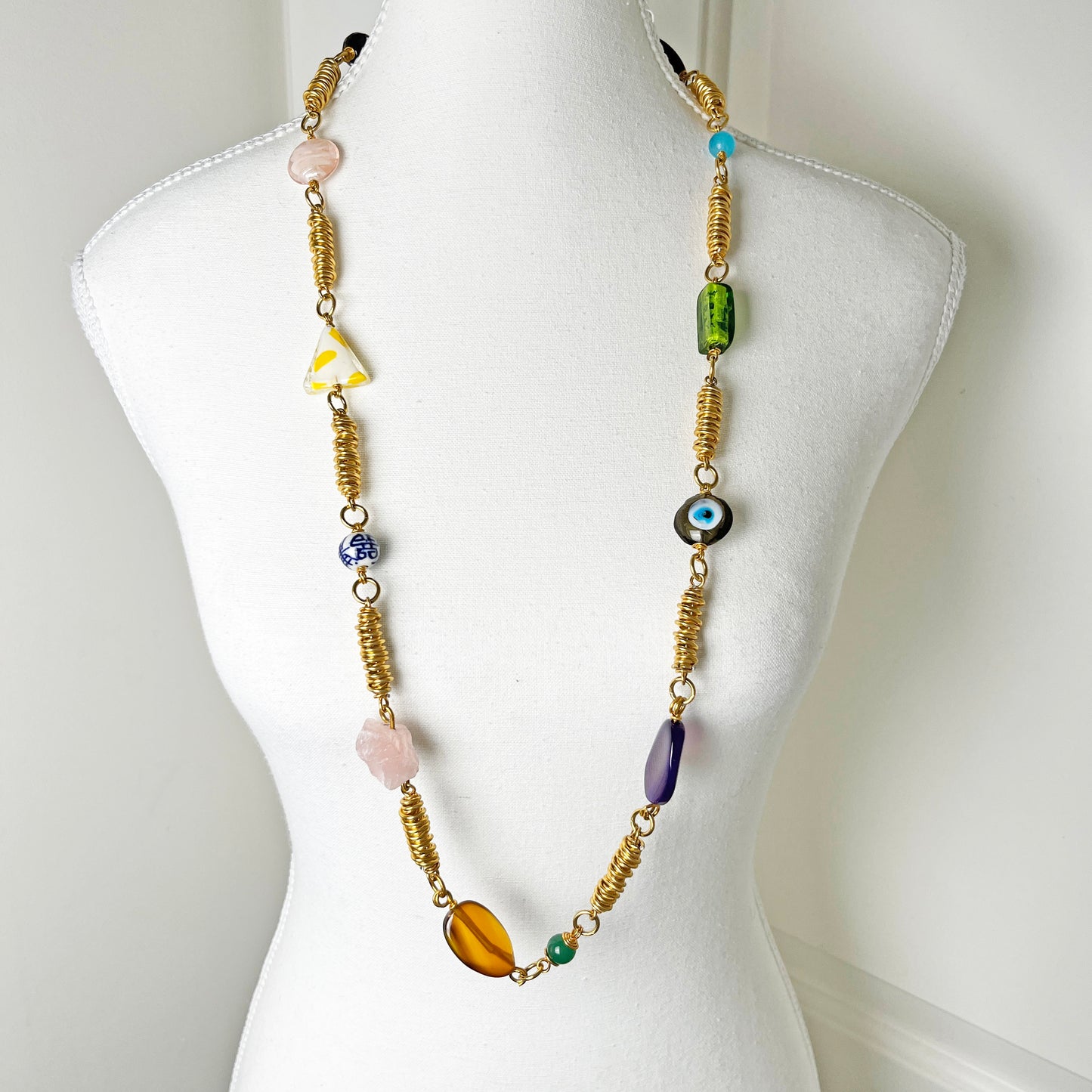 Gold-Toned Cocoon Necklace with Multicolored Stones and Beads
