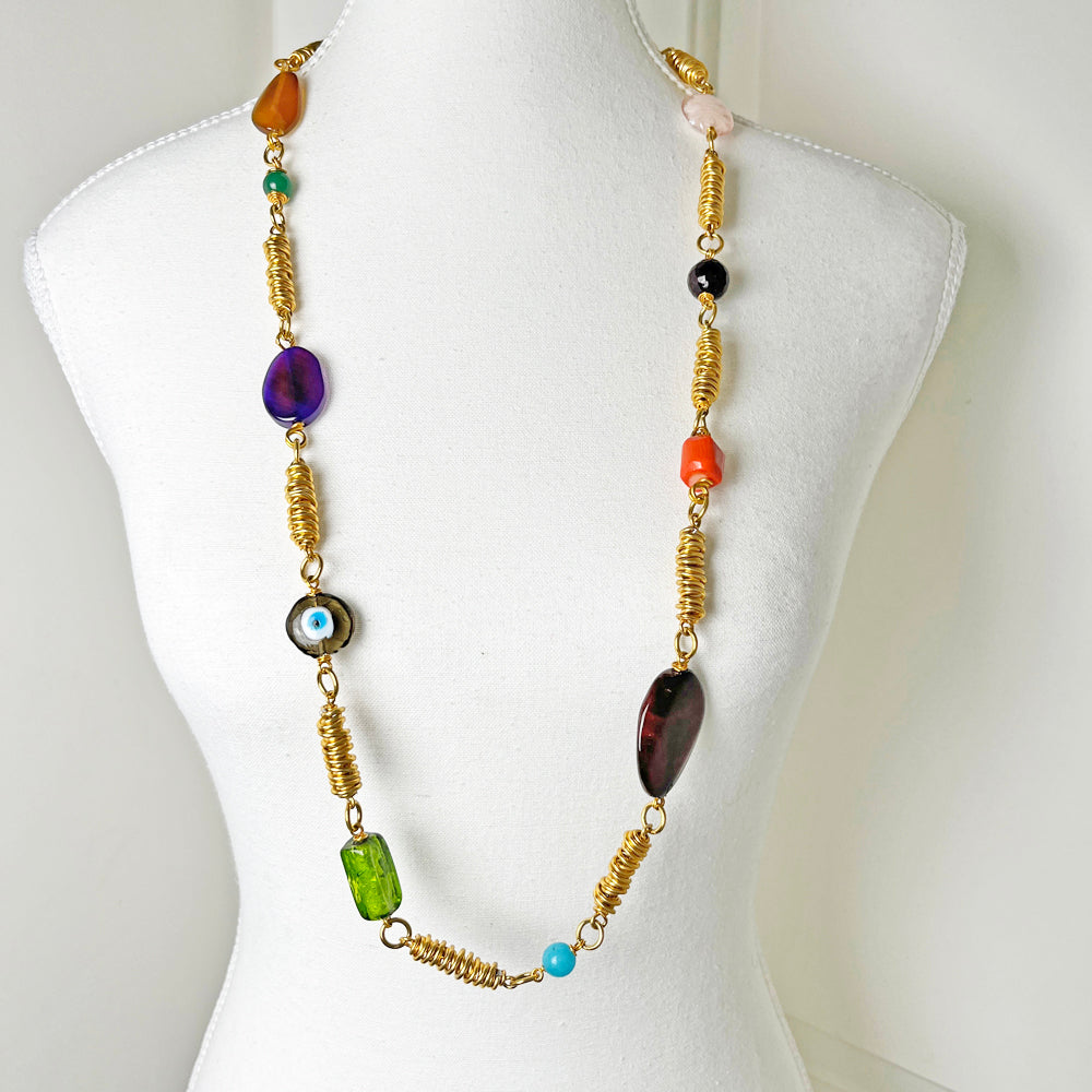 Gold-Toned Cocoon Necklace with Multicolored Stones and Beads