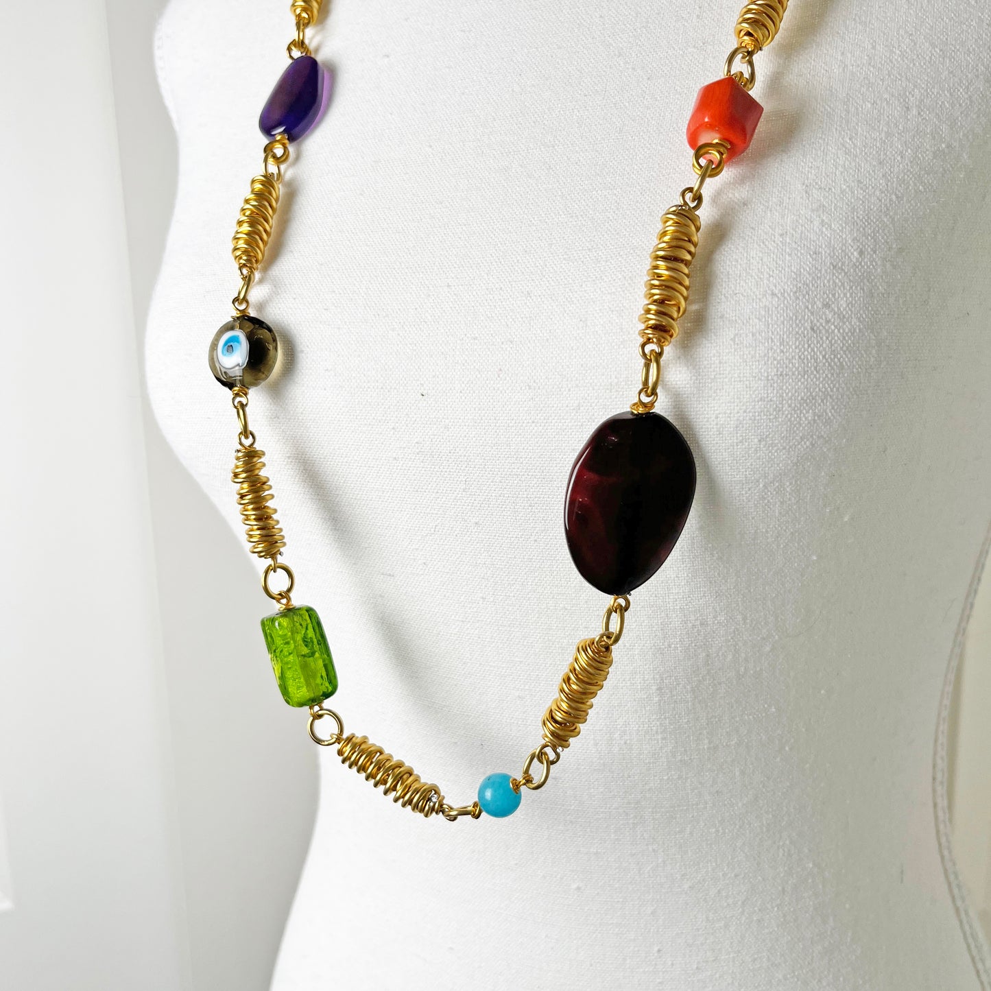 Gold-Toned Cocoon Necklace with Multicolored Stones and Beads