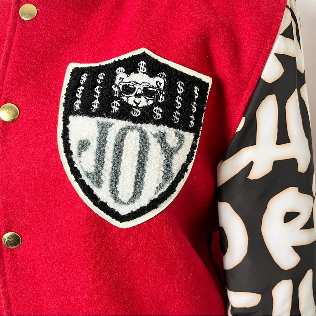 Joyrich Wool Blend Varsity Letterman Bomber Jacket - Red Graffiti Style Unisex M