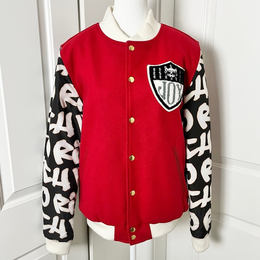 Joyrich Wool Blend Varsity Letterman Bomber Jacket - Red Graffiti Style Unisex M