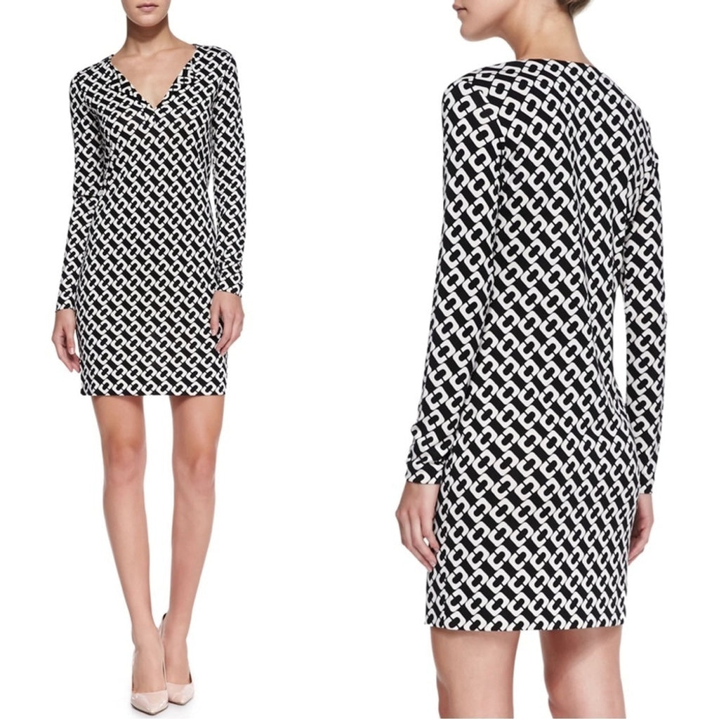 Diane Von Furstenburg DVF Reina Silk Shift Dress in Chain Link-Black White-US Size 6