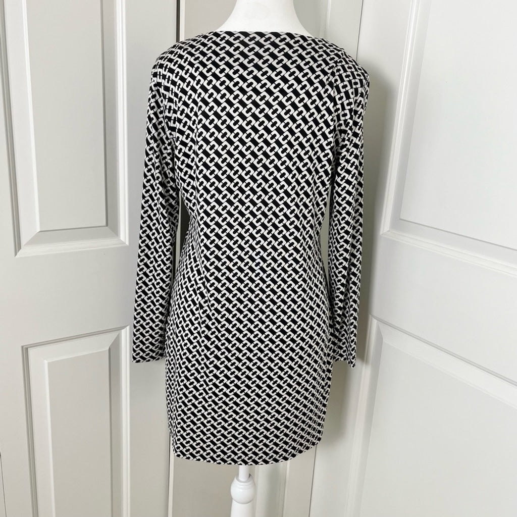 Diane Von Furstenburg DVF Reina Silk Shift Dress in Chain Link-Black White-US Size 6
