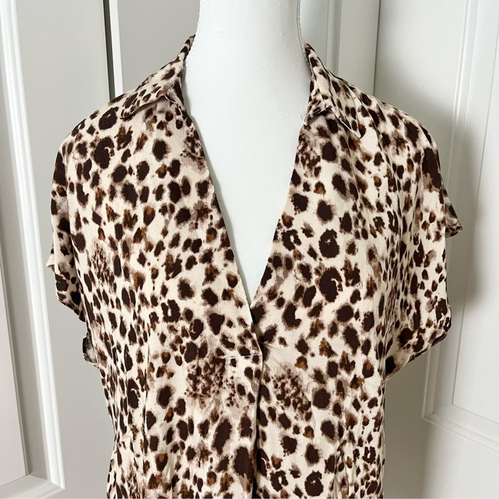 H by Halston Animal Print V-neck Collared Blouse-Brown and Cream-Women Medium