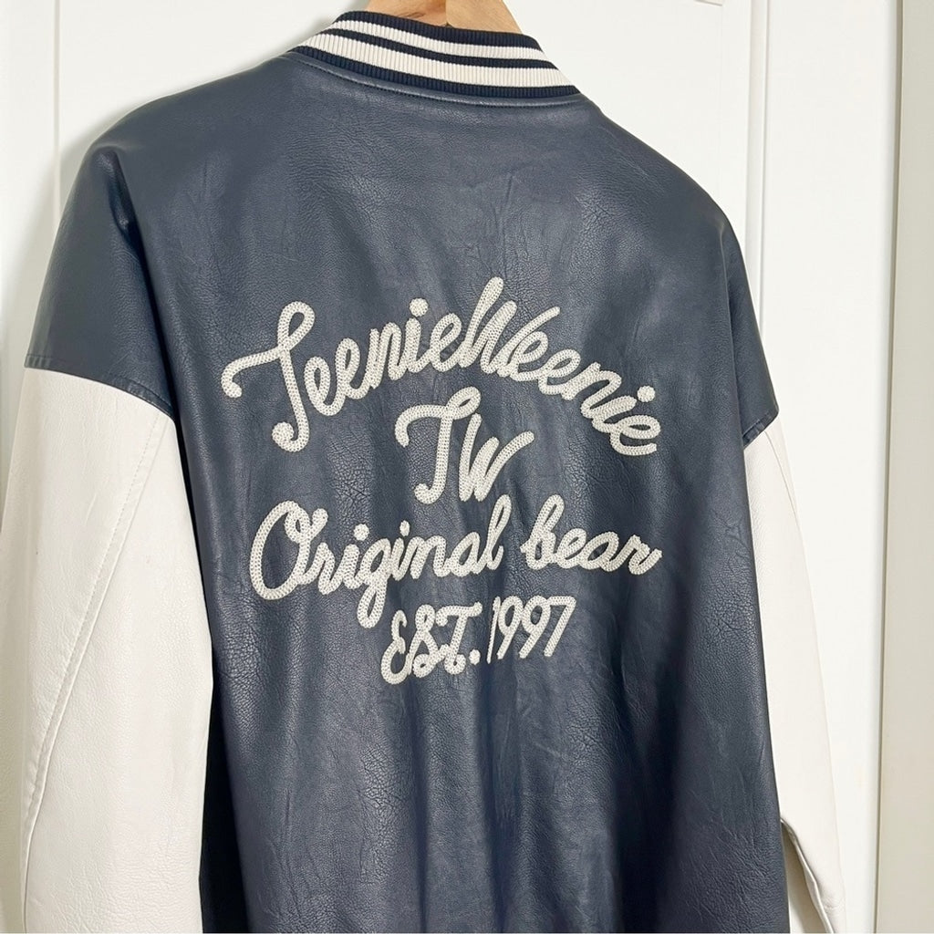 Vintage Y2k Teenie Weenie Vegan Leather Varsity Letterman Jacket-Navy-Size Large