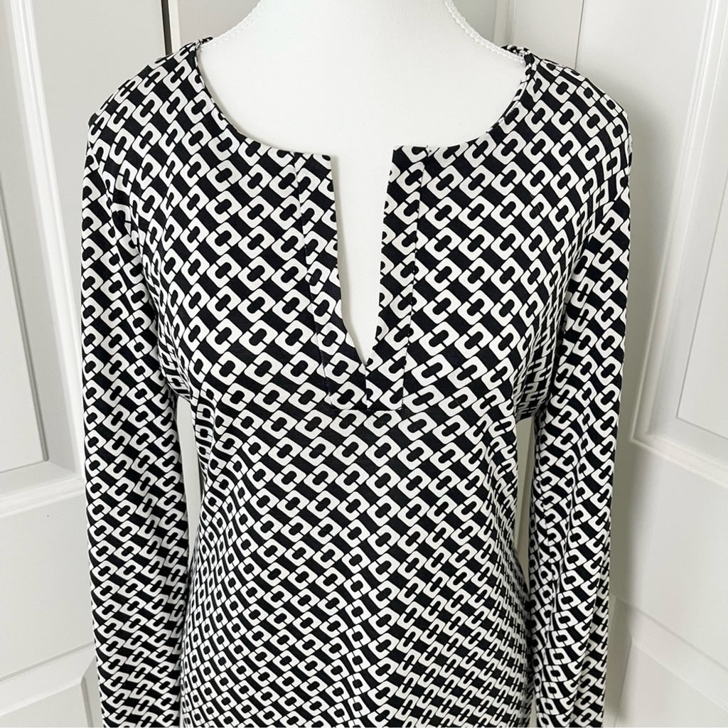 Diane Von Furstenburg DVF Reina Silk Shift Dress in Chain Link-Black White-US Size 6