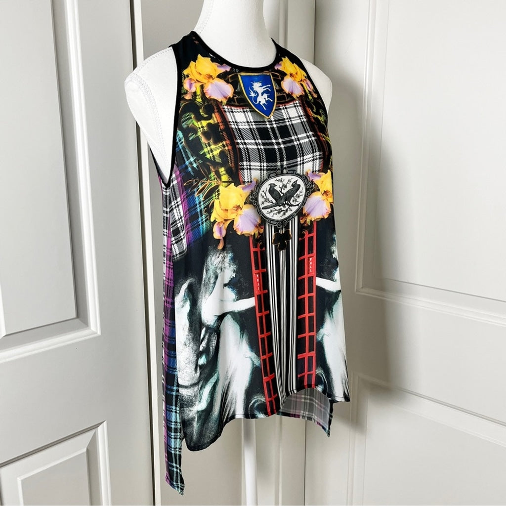 Clover Canyon Eclectic Mixed Print Sleeveless Asymmetrical Blouse, Small