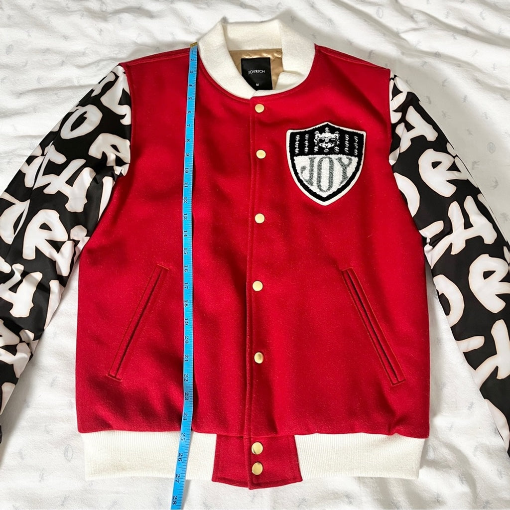 Joyrich Wool Blend Varsity Letterman Bomber Jacket - Red Graffiti Style Unisex M
