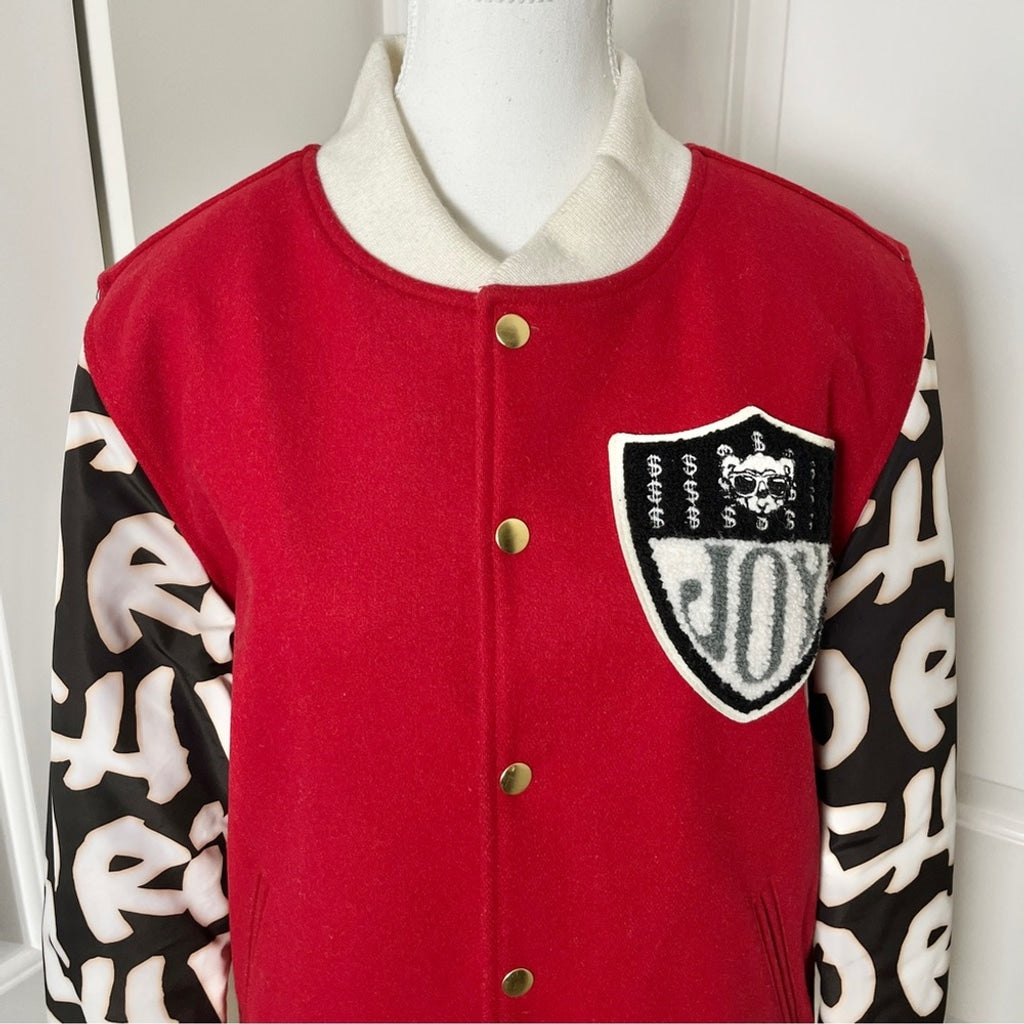 Joyrich Wool Blend Varsity Letterman Bomber Jacket - Red Graffiti Style Unisex M