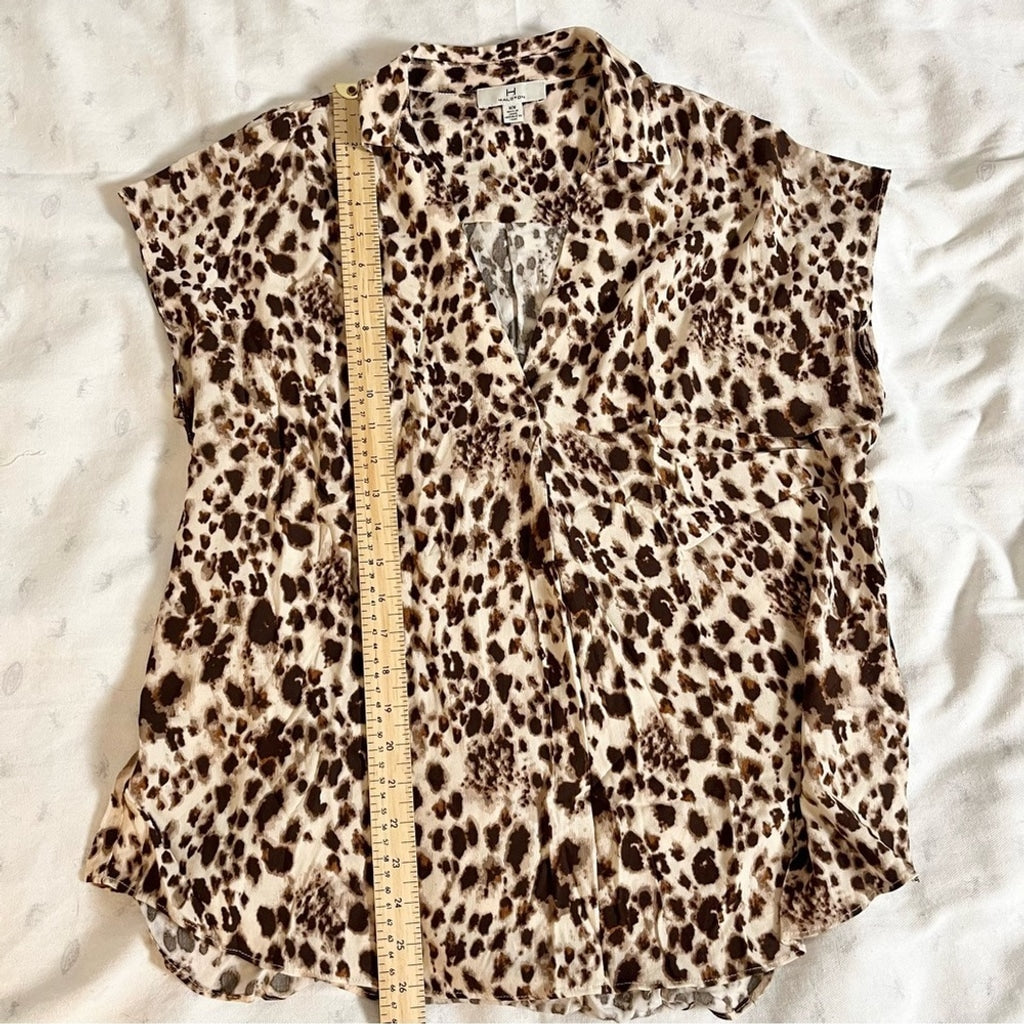 H by Halston Animal Print V-neck Collared Blouse-Brown and Cream-Women Medium