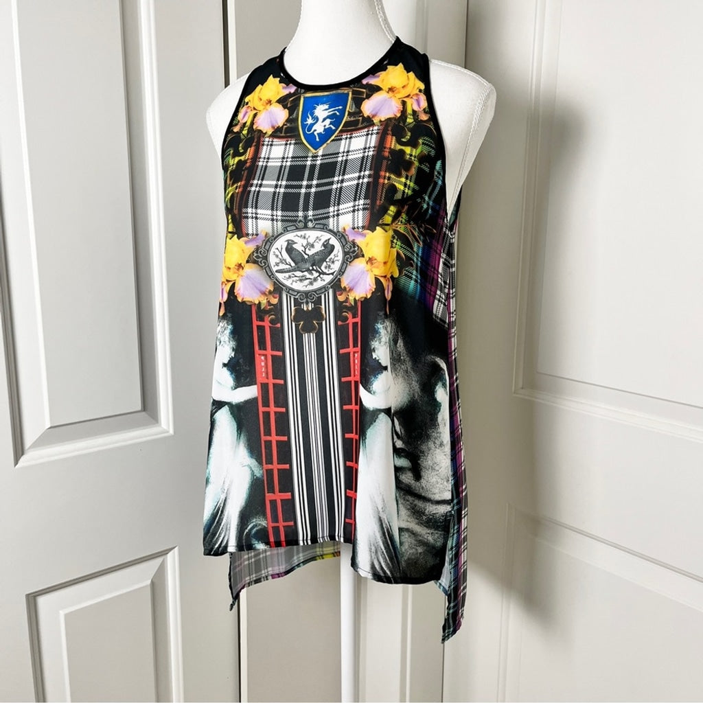 Clover Canyon Eclectic Mixed Print Sleeveless Asymmetrical Blouse, Small