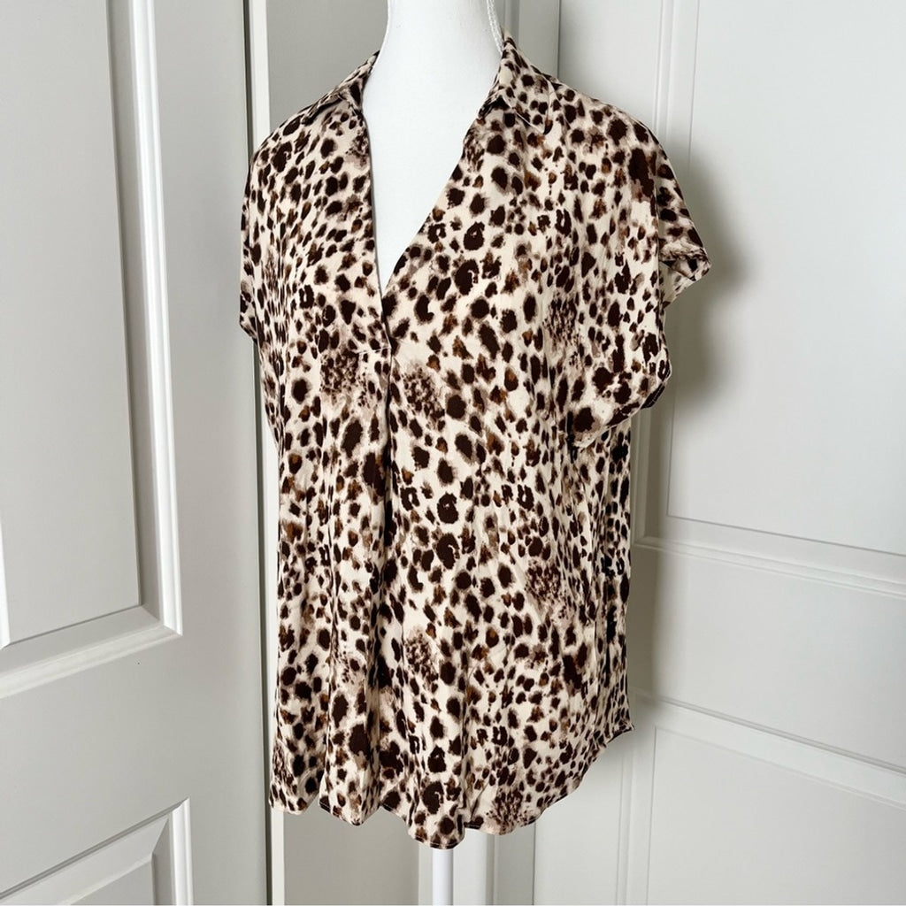 H by Halston Animal Print V-neck Collared Blouse-Brown and Cream-Women Medium