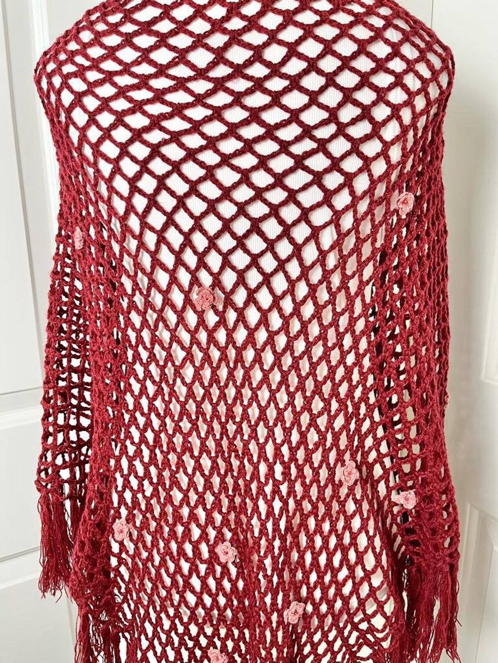 Vintage 90s Betsey Johnson Wool Blend Burgundy Bohemian Crochet Shawl with Crochet Pink Flowers - One Size / Free Size