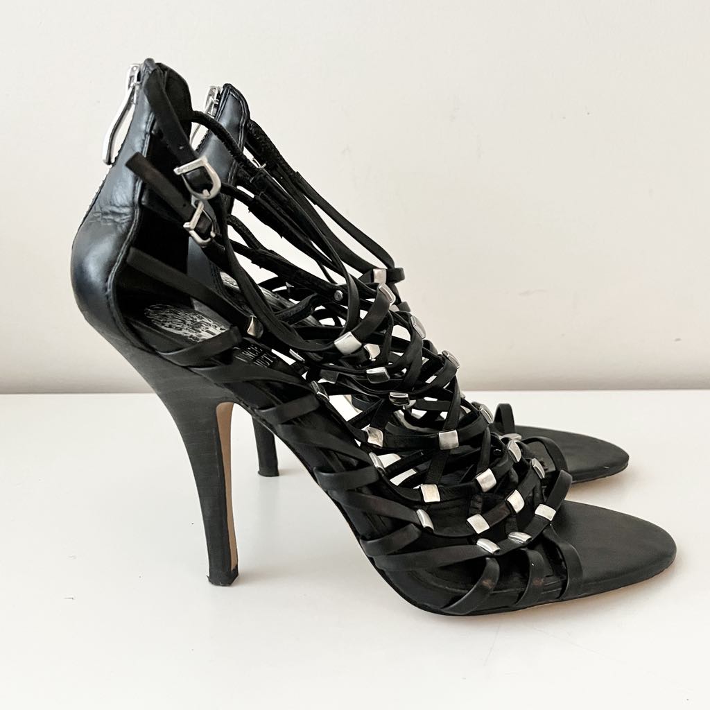 Vince Camuto Elegant & Edgy Black Strappy Gladiator Heels w/ Silver Studs, EU 39