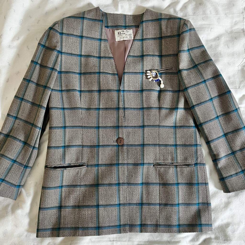 Vintage Oversized Grid Pattern Wool Blazer with Handmade Brooch, Women's Large