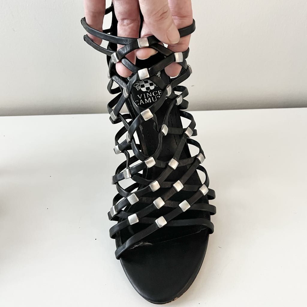 Vince Camuto Elegant & Edgy Black Strappy Gladiator Heels w/ Silver Studs, EU 39