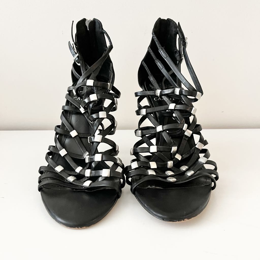 Vince Camuto Elegant & Edgy Black Strappy Gladiator Heels w/ Silver Studs, EU 39