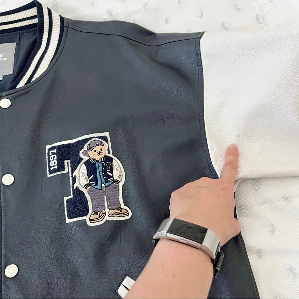 Vintage Y2k Teenie Weenie Vegan Leather Varsity Letterman Jacket-Navy-Size Large
