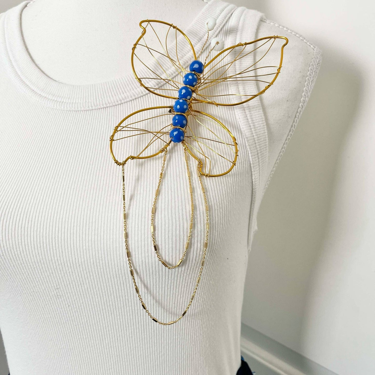 Handmade Oversized Butterfly Brooch, One-of-a-Kind w/ Vintage Beads & Gold Chain