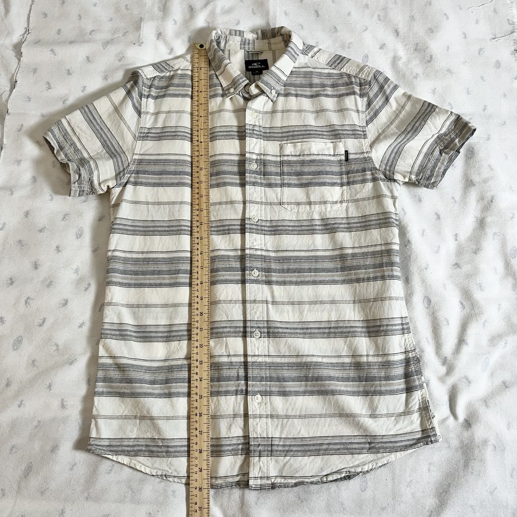 O'Neill Striped Button Up Casual Short Sleeve Shirt Beige Gray Neutrals, Medium
