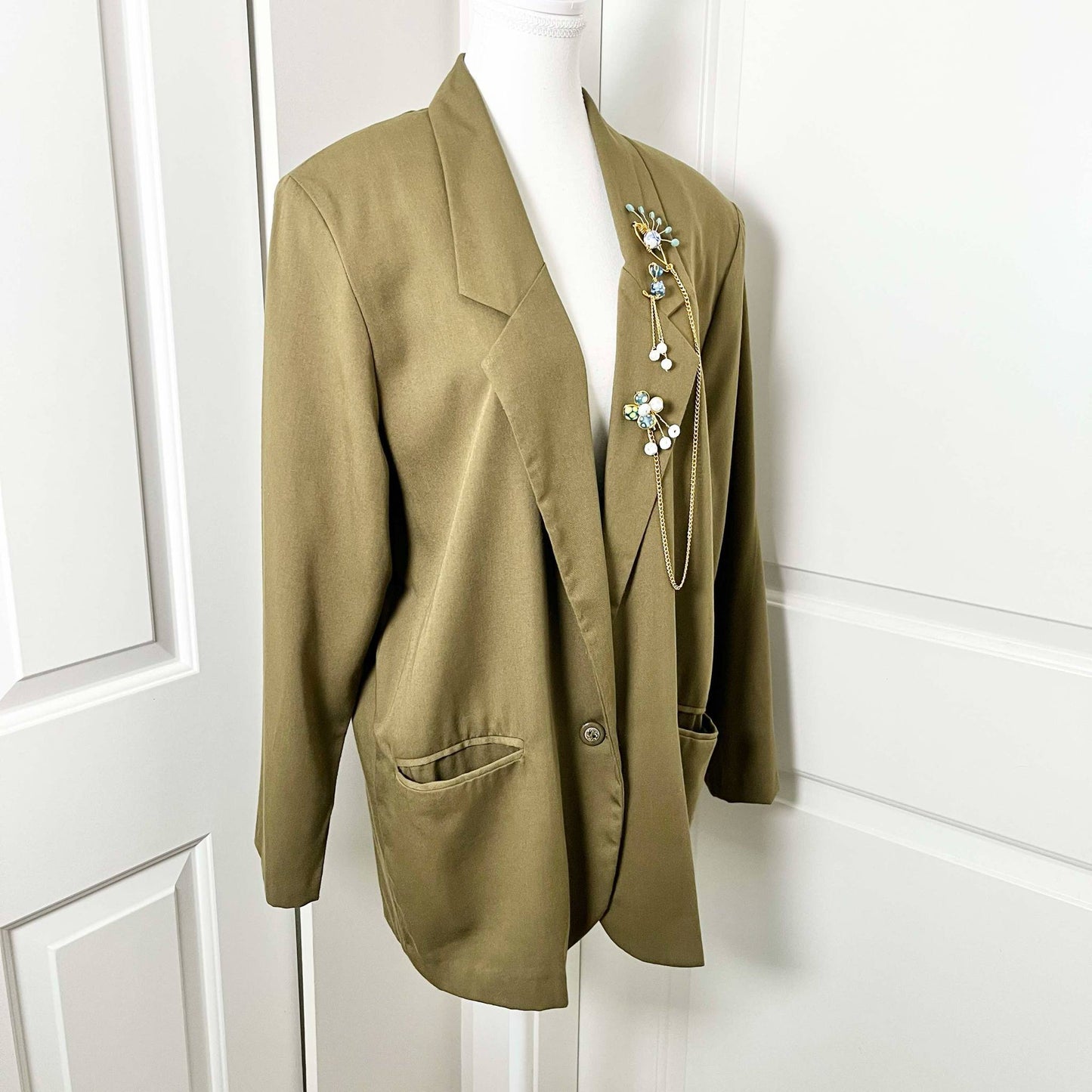 Vintage Lightweight Blazer with Handmade Duette Brooch Set - Olive - Large