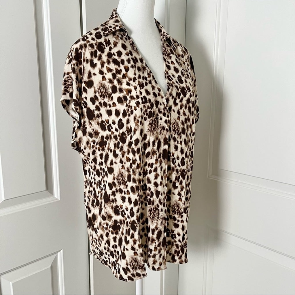H by Halston Animal Print V-neck Collared Blouse-Brown and Cream-Women Medium