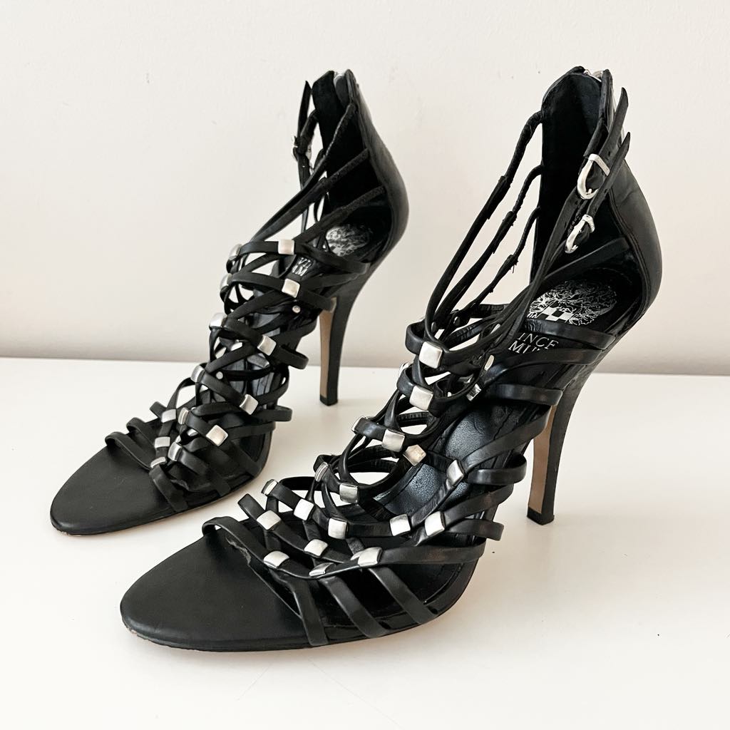 Vince Camuto Elegant & Edgy Black Strappy Gladiator Heels w/ Silver Studs, EU 39