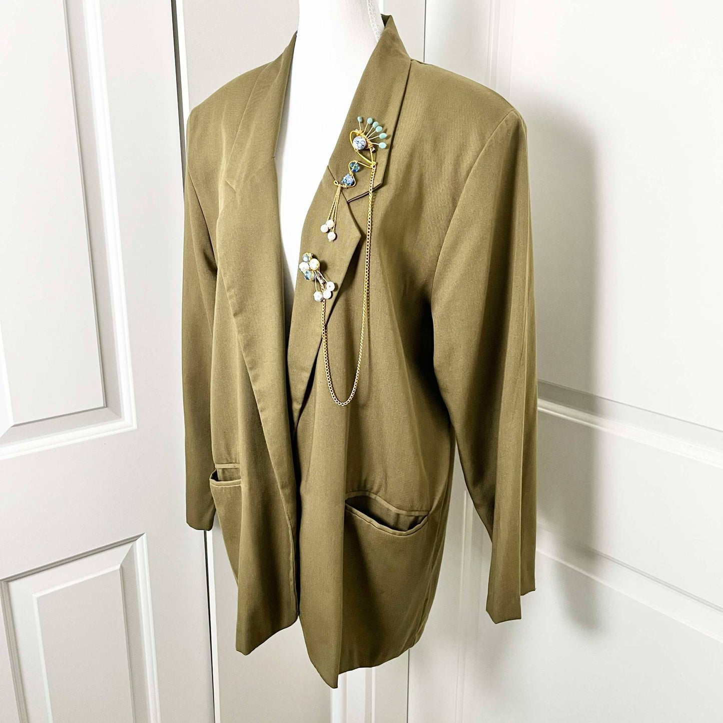 Vintage Lightweight Blazer with Handmade Duette Brooch Set - Olive - Large