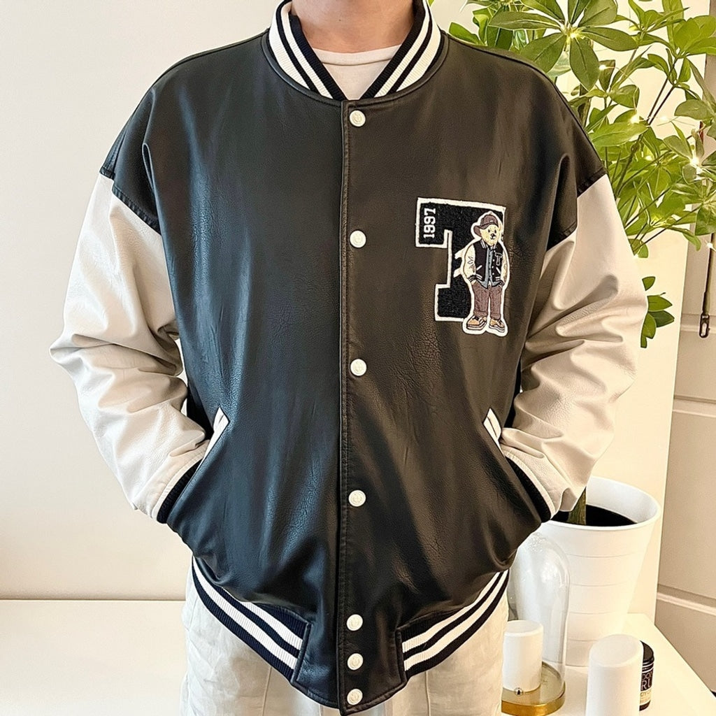 Vintage Y2k Teenie Weenie Vegan Leather Varsity Letterman Jacket-Navy-Size Large