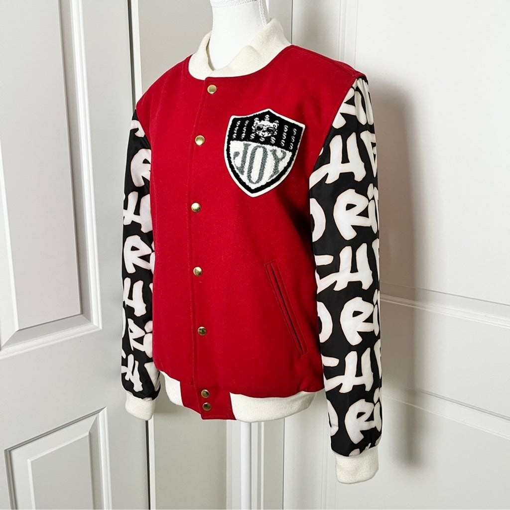 Joyrich Wool Blend Varsity Letterman Bomber Jacket - Red Graffiti Style Unisex M