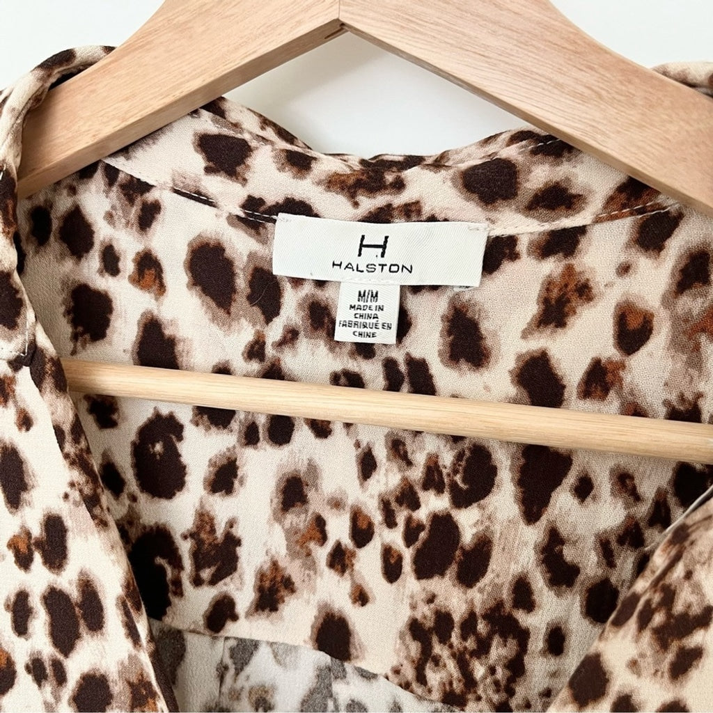H by Halston Animal Print V-neck Collared Blouse-Brown and Cream-Women Medium