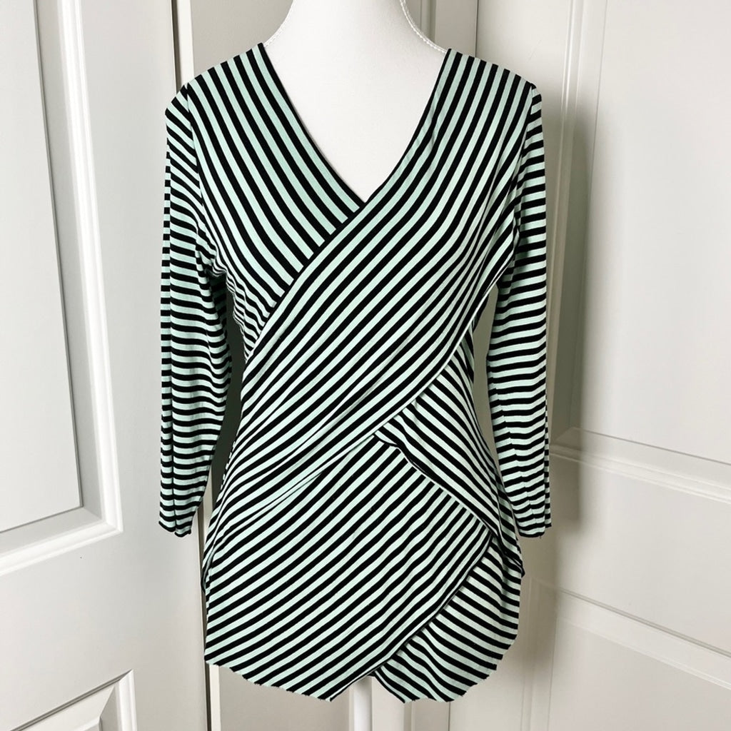 Vince Camuto Striped Bandage Inspired Crossover Top - Light Green & Black - Size Medium