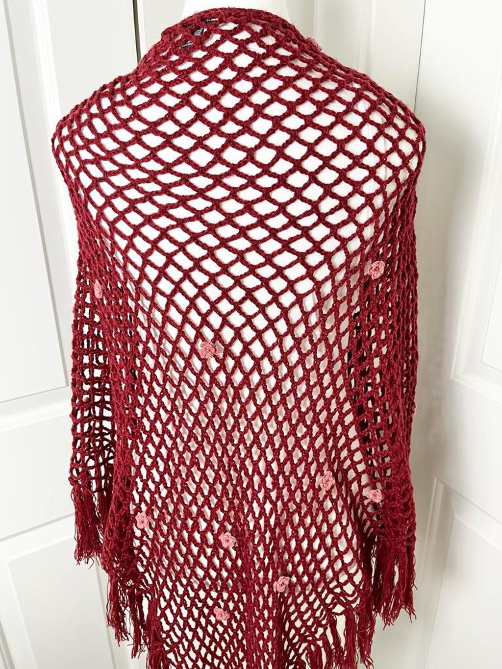 Vintage 90s Betsey Johnson Wool Blend Burgundy Bohemian Crochet Shawl with Crochet Pink Flowers - One Size / Free Size