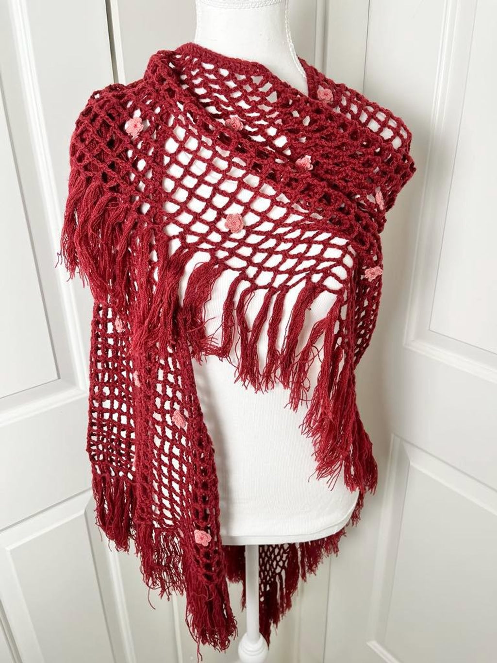 Vintage 90s Betsey Johnson Wool Blend Burgundy Bohemian Crochet Shawl with Crochet Pink Flowers - One Size / Free Size