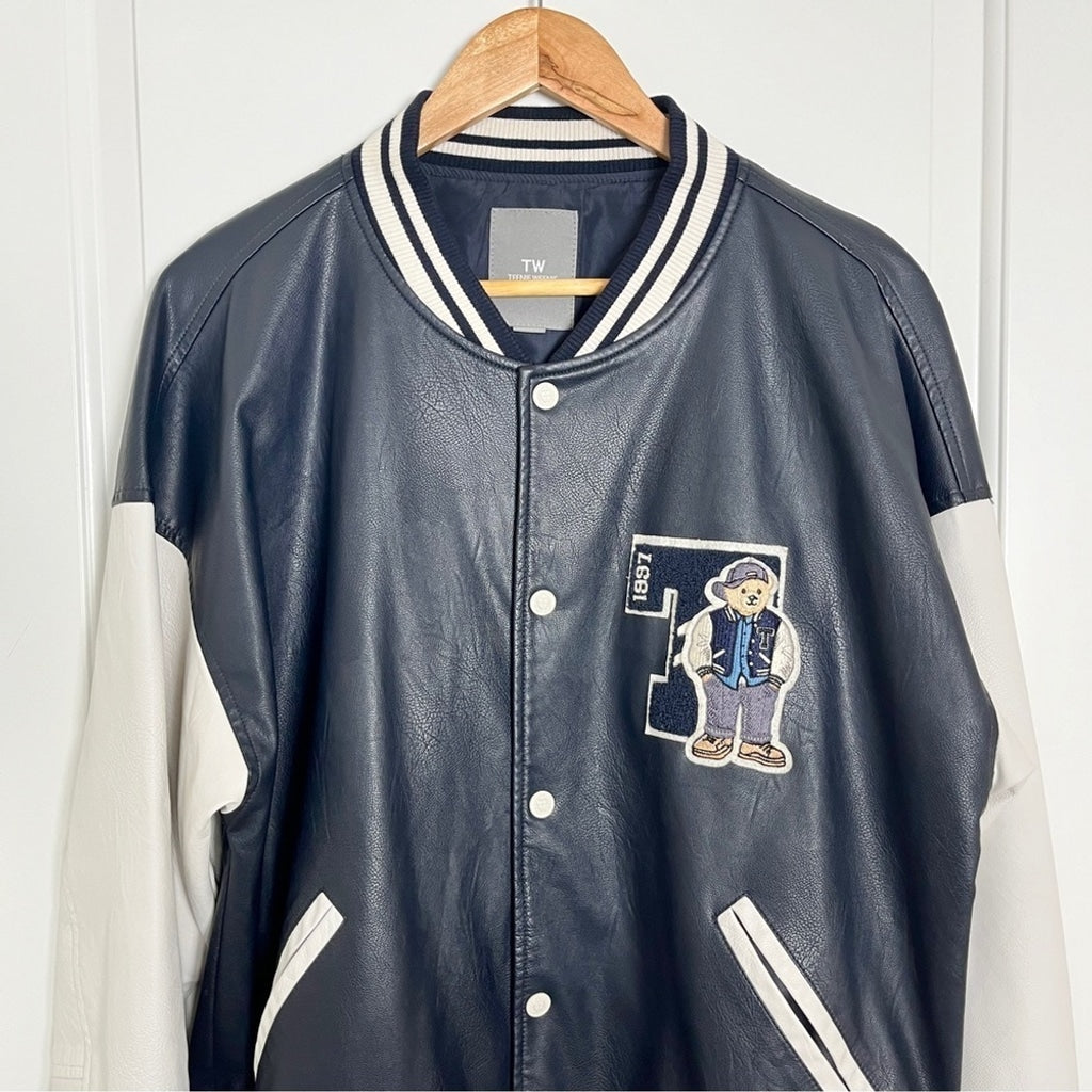 Vintage Y2k Teenie Weenie Vegan Leather Varsity Letterman Jacket-Navy-Size Large