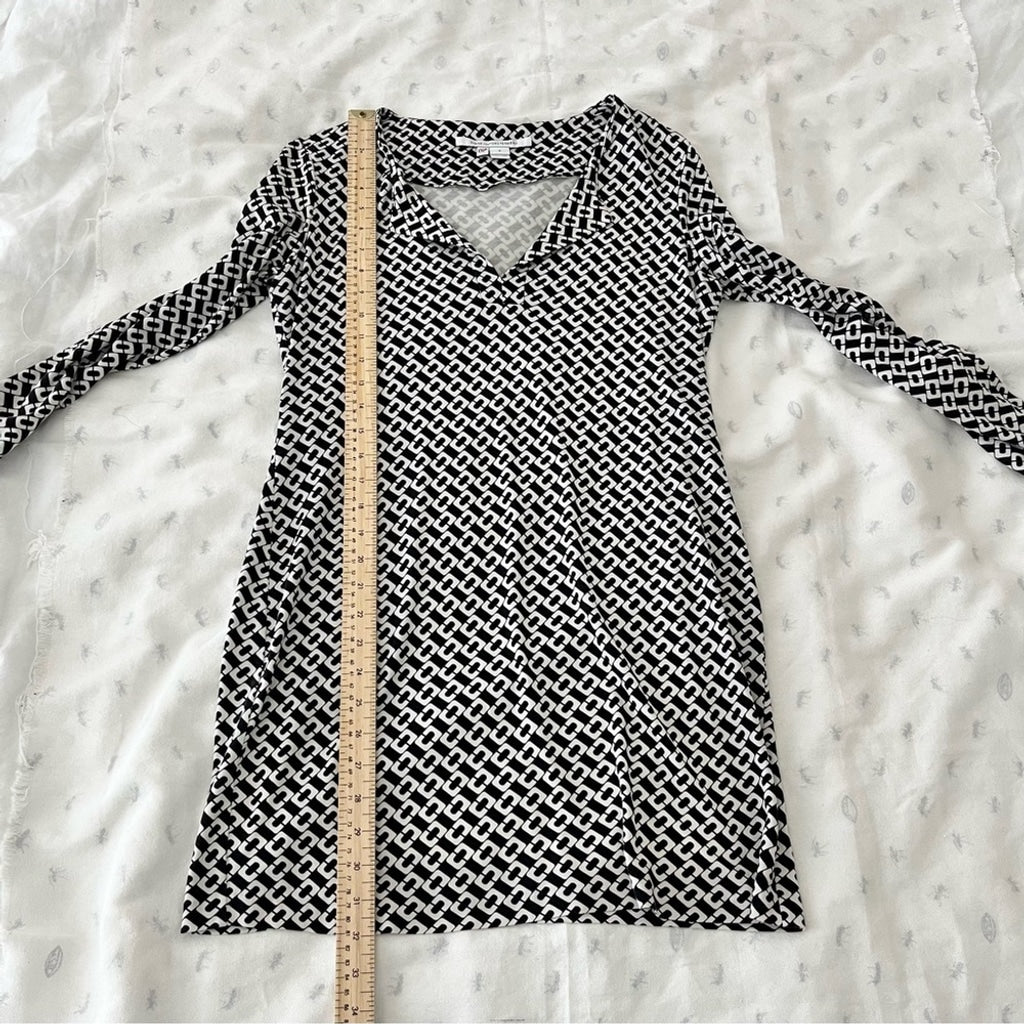 Diane Von Furstenburg DVF Reina Silk Shift Dress in Chain Link-Black White-US Size 6