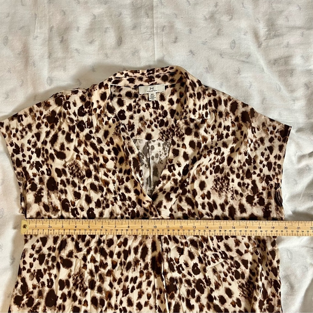 H by Halston Animal Print V-neck Collared Blouse-Brown and Cream-Women Medium