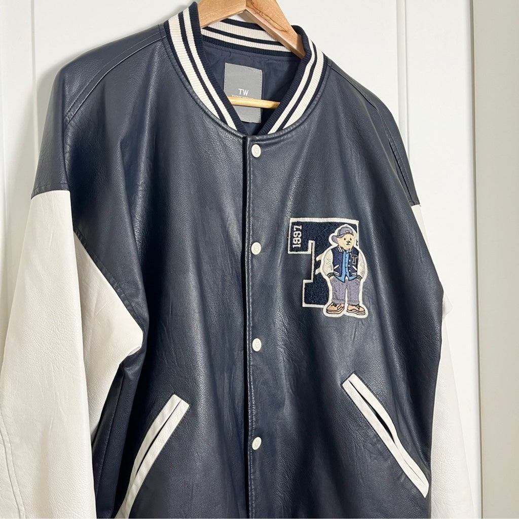 Vintage Y2k Teenie Weenie Vegan Leather Varsity Letterman Jacket-Navy-Size Large