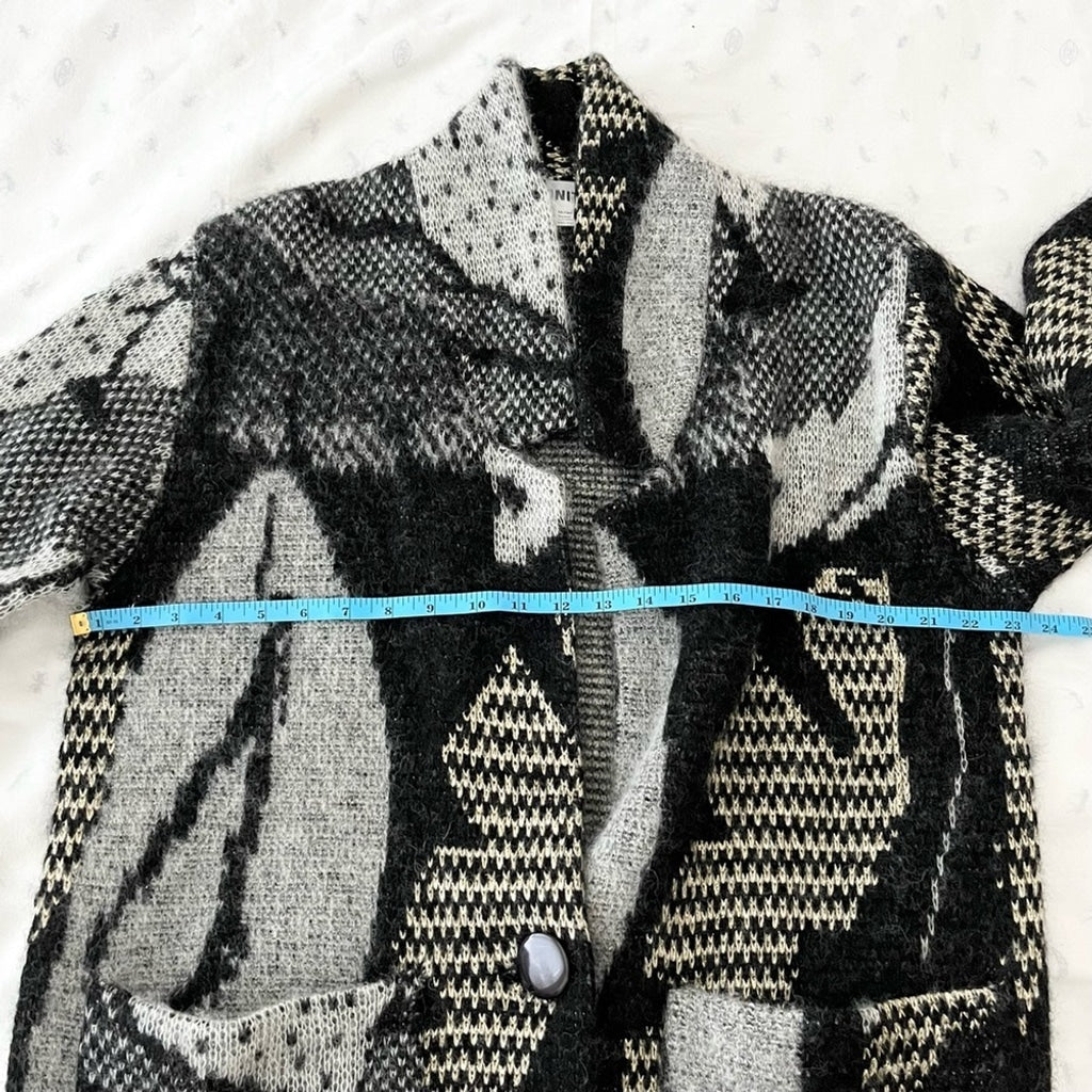Eclectic Oversized Mohair Cozy Fall Cardigan Coat Abstract Pattern-Gray Black