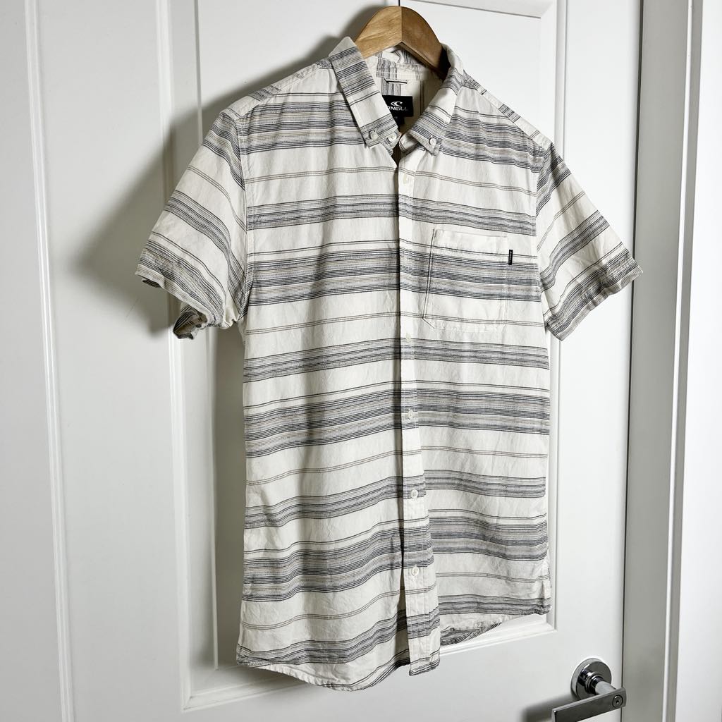 O'Neill Striped Button Up Casual Short Sleeve Shirt Beige Gray Neutrals, Medium